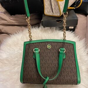 Michael Kors Brown and Green Shoulder Bag with Gold Hardware